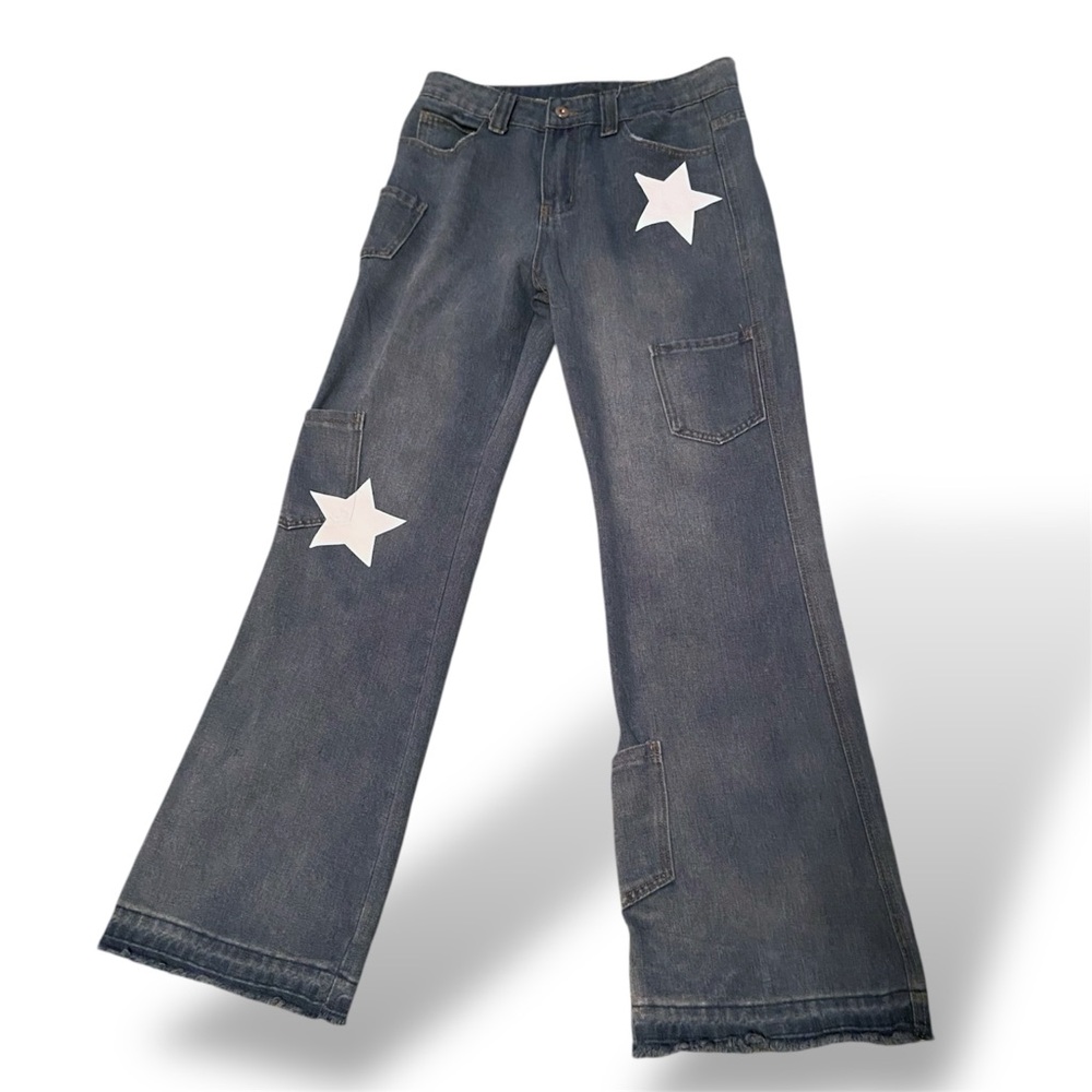 Star Flare Wide Leg Jeans Distressed with Pockets Size Medium